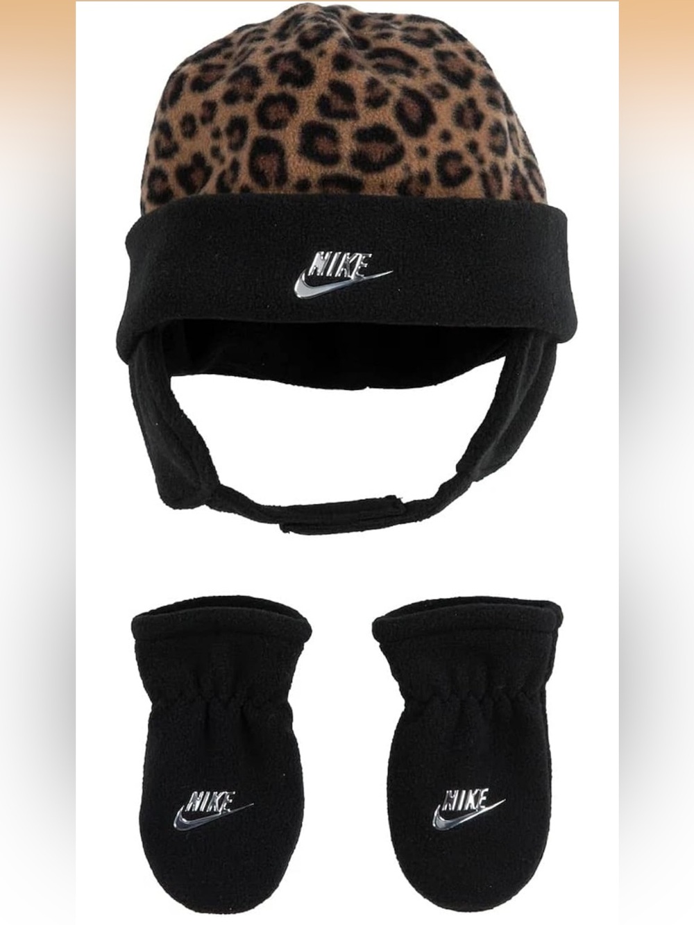 $3 💕5/$15 Nike Kids Leopard Fleece Trapper Hat and Mittens Set - Black & Brown